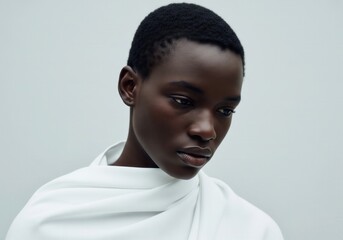 Portrait of a Young Woman in White Clothing Against a White Background And Gazing With a Thoughtful Expression