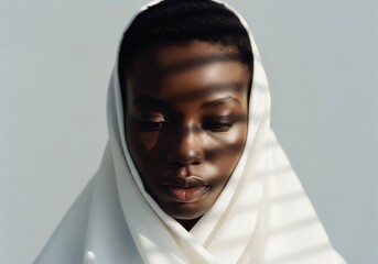 Portrait of a Young Woman in White Headscarf Against a White Background
