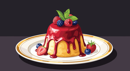 Elegant pudding dessert on a white plate, topped with red berry sauce, fresh berries, and a sprig of mint for garnish.