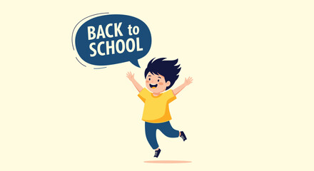 Excited young boy jumping for joy with a 'Back to School' speech bubble above his head, ready for a new academic year.