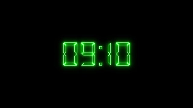 Digital countup clock timer in zero second to 10 minute.  text number on isolated black background. Element for overlay concept. 10 minute countdown timer with black
