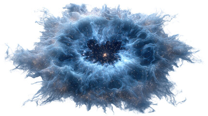 Cosmic nebula explosion expanding in space, forming abstract celestial energy portal with golden particles on transparent background