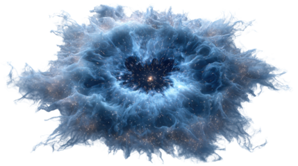 Cosmic nebula explosion expanding in space, forming abstract celestial energy portal with golden particles on transparent background