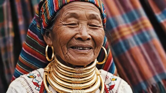 Elderly Kayan Long-Neck Tribe Woman with Traditional Brass Neck Rings and Ceremonial Headwear, Smiling Warmly