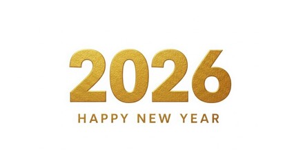 Golden glittering numbers 2026 with happy new year text on white background for festive celebrations
