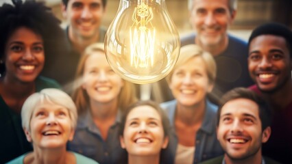 Fototapeta premium A diverse group of smiling people looking up at a glowing light bulb, symbolizing shared ideas and innovation.