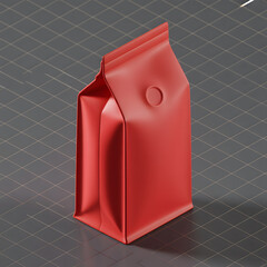 Bold Red Package: A sleek, modern coffee bag mockup in vibrant red, positioned on a textured surface, showcasing an example of elegant packaging design.