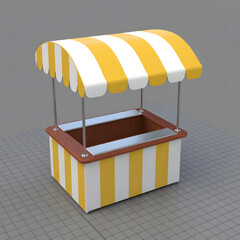 Market Stall Display: A charming and inviting market stall with vibrant yellow and white stripes and a welcoming awning. Perfect for showcasing products and creating an appealing shopping experience.
