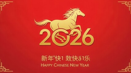 Golden horse leaps over the year 2026 on a vibrant red background celebrating chinese new year with traditional ornaments and greetings