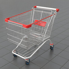 Shopping Cart: A shopping cart, meticulously rendered, stands alone on a tiled floor. Its metallic structure, and red accents, beckoning shoppers to explore the world of retail. 