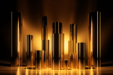 The sculpture is a three-dimensional golden cylinder situated on a reflective surface.