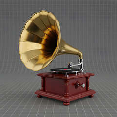 Vintage Gramophone: An antique gramophone with a gleaming brass horn and rich wooden base, ready to spin vintage vinyl records, evoking nostalgia for a bygone era of music.