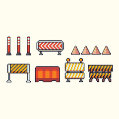 this is street barricade icon set in pixel art with colorful color and white background ,this item good for presentations,stickers, icons, t shirt design,game asset,logo and your project.