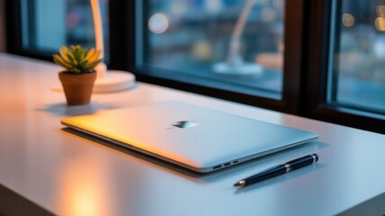 Workspace with Laptop and Plant: A modern workspace comes to life, a sleek silver laptop taking center stage alongside a small potted plant and an elegant pen.