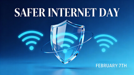 Transparent shield and WiFi elements represent the concept of "network protection" of Safe Internet Day, and are applicable to network security publicity materials.
