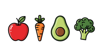 A vibrant collection of fresh fruits and vegetables including an apple carrot avocado and broccoli.