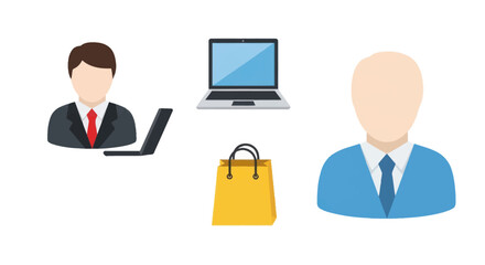 Business professionals with laptop and shopping bag icons.