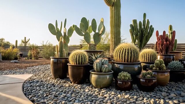 A vibrant display of various cacti and succulents in decorative pots against a desert landscape