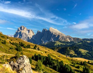 Scenic mountain range under a blue sky with clouds and rolling hills dotted with trees