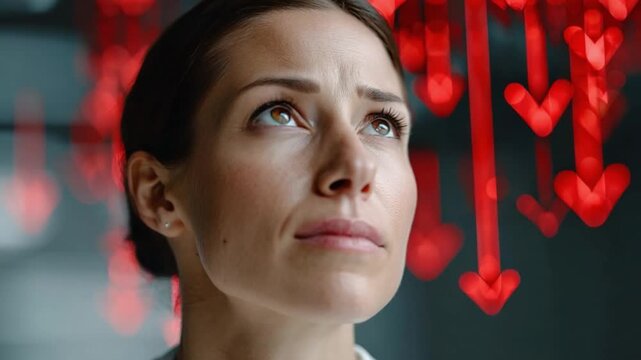 Financial downturn contemplation: A worried woman gazes upwards as red arrows symbolize a financial crisis, evoking anxiety, concern, and the uncertainty of an economic downturn.
