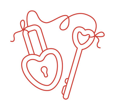 Lock in the shape of a heart and a key to it. Romantic love symbols for Valentine's Day in linear style with editable strokes. Heart-shaped padlock with a key