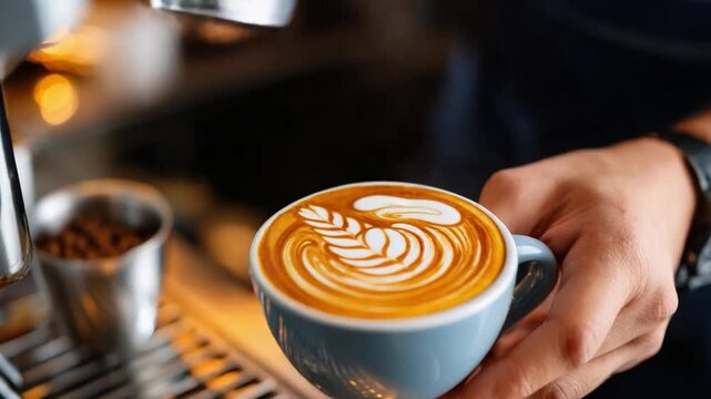 Latte Art Delight: A skilled barista meticulously crafts a beautiful latte, showcasing intricate latte art in a serene cafe setting. 