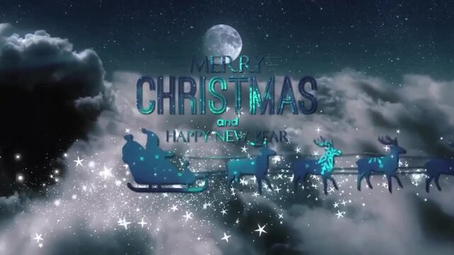 Merry Christmas and Happy New Year Greeting with Santa&rsquo;s Sleigh in a Magical Night Sky