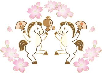 Year of the Horse Zodiac Illustration: Two Facing Horses with Cherry Blossoms