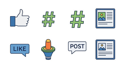 Modern Vector Social Media and Digital Marketing Icons Set with Like Hashtag Post.