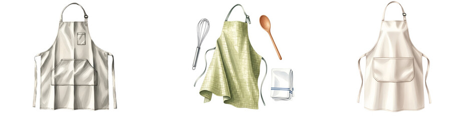 Three aprons with kitchen utensils including a whisk and wooden spoon on a solid backdrop on transparent background