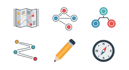 Collection of Flat Icons Representing Navigation Planning and Data Visualization.