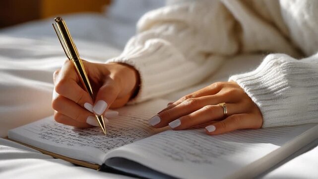 Penning Personal Thoughts: A person's hands delicately hold a pen, creating meaningful words, capturing the intimacy of self-expression in a private journal.