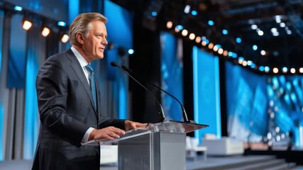 Eloquence on Stage: A distinguished presenter delivers a speech from a podium on a vast stage, exuding confidence. The speaker's focused gaze captures the atmosphere, adding depth to the scene.