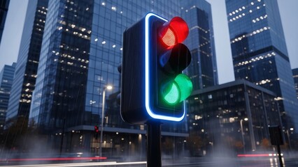 Modern traffic light glowing with bright green and red signals against a blurred cityscape at night