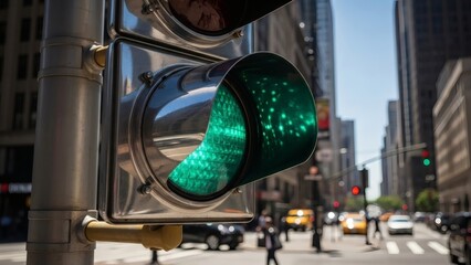 A vibrant green traffic light illuminates a bustling urban intersection, signaling movement and progress amidst city streets filled with vehicles and pedestrians
