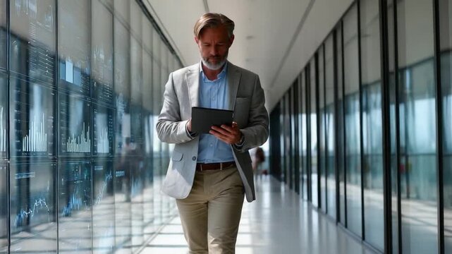 The Modern Navigator: An executive strides confidently through a modern corridor, engrossed in his tablet. The scene embodies a blend of business acumen and forward-thinking innovation.