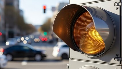 Close-up of a yellow traffic light in an urban setting with blurred cars and city lights in the background