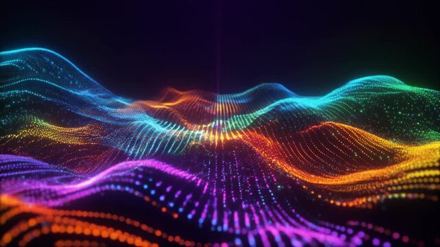 Vibrant abstract digital landscape with glowing colorful particle waves on a dark background, representing data visualization or sound frequencies.