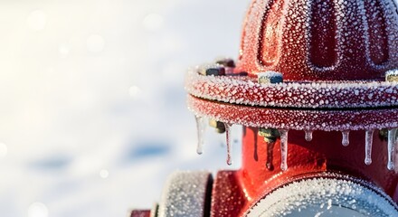 Red fire hydrant covered in thick frost and delicate icicles on a bright snowy winter day for extreme cold weather concept and urban resilience