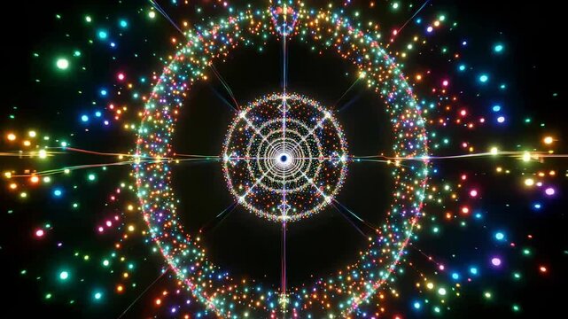 Futuristic journey through a glowing tunnel of colorful, concentric light particles.