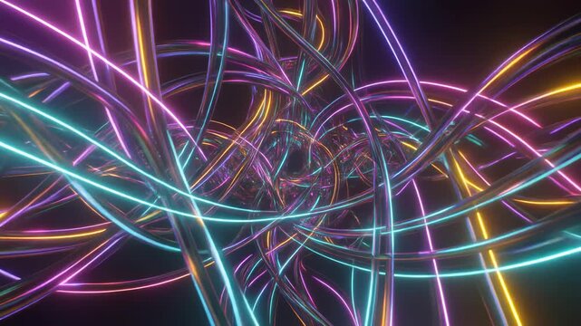 Abstract network of glowing neon tubes intertwined in a complex, colorful pattern against a dark background.