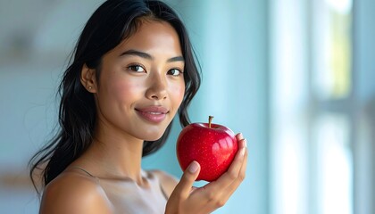Portrait of a smiling woman holding a shiny red apple