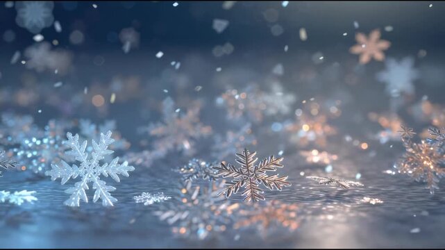 Glowing snowflakes drift downward, each pulse of light reflected on a smooth surface below. The ambient blues and whites enhance a serene, magical feeling, evoking the gentle beauty of a winter.