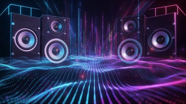 Four speakers with glowing blue and purple sound waves creating a vibrant and dynamic music background.