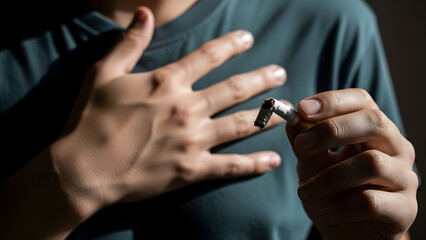 Obraz premium Broken Cigarette in Hand Against Chest