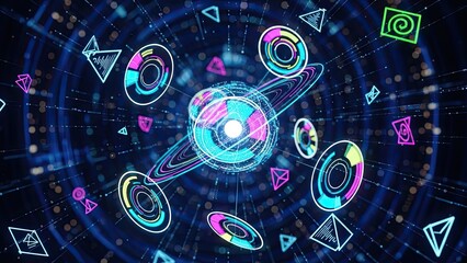 Stunning digital tunnel effect with vibrant neon HUD elements swirling around a glowing central data core