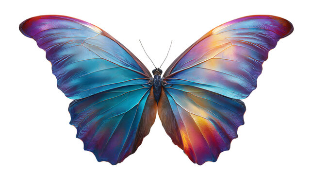 Iridescent blue and purple butterfly with intricate wing patterns, isolated on black isolated on white background