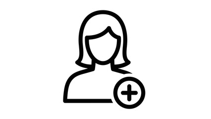 Add Female User Icon Vector Illustration. Outline pictogram representing new contact or friend request for a woman's profile.