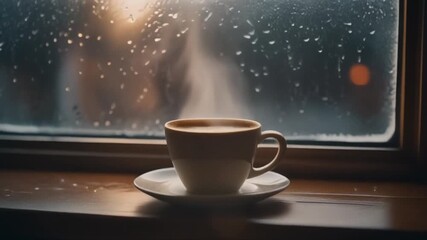 hot coffee cup on a rainy day window sill, cozy, steam rising, mood, 4k
