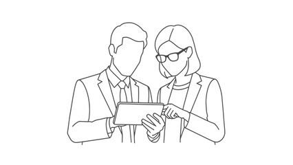 Business Collaboration Line Art Vector Illustration. Two Professionals Using a Digital Tablet for Discussion